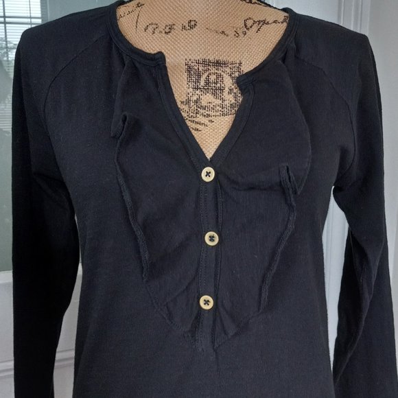 Lilla P Black Pima Cotton Long Sleeve Tee V Neck Ruffle Size S Made in Peru - Picture 8 of 12